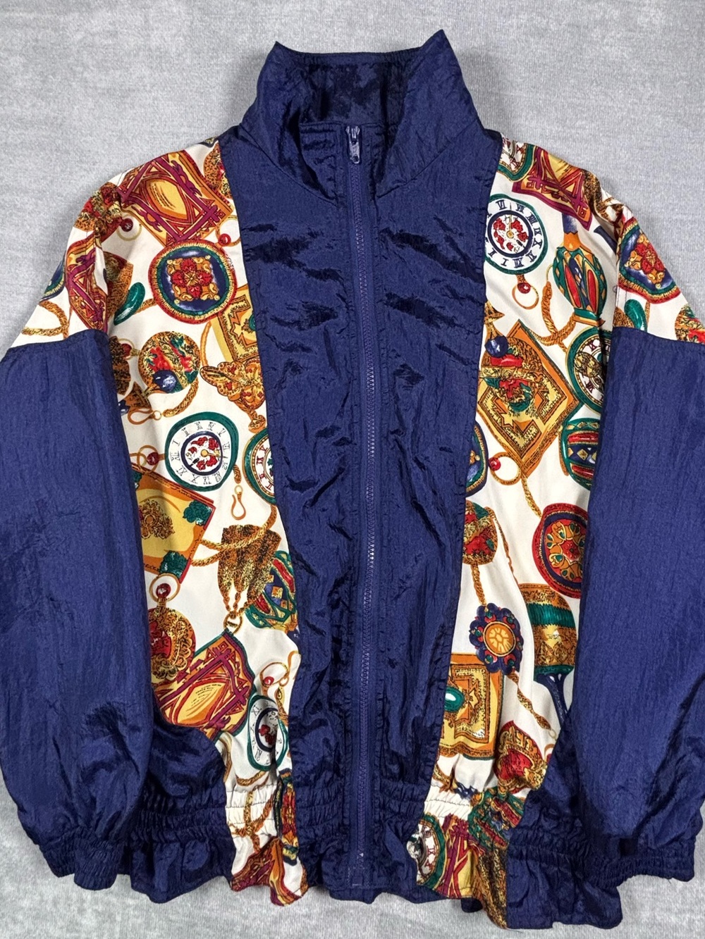 Windbreaker Vintage-Style Zip Jacket with Multicolor Baroque Print